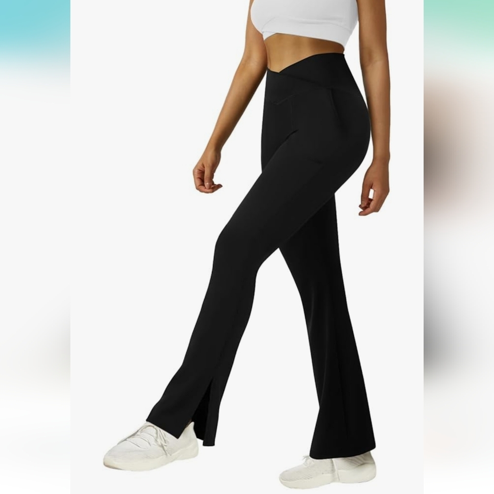 Crossover Yoga Pants High Waisted Split Hem Flare Leggings Small